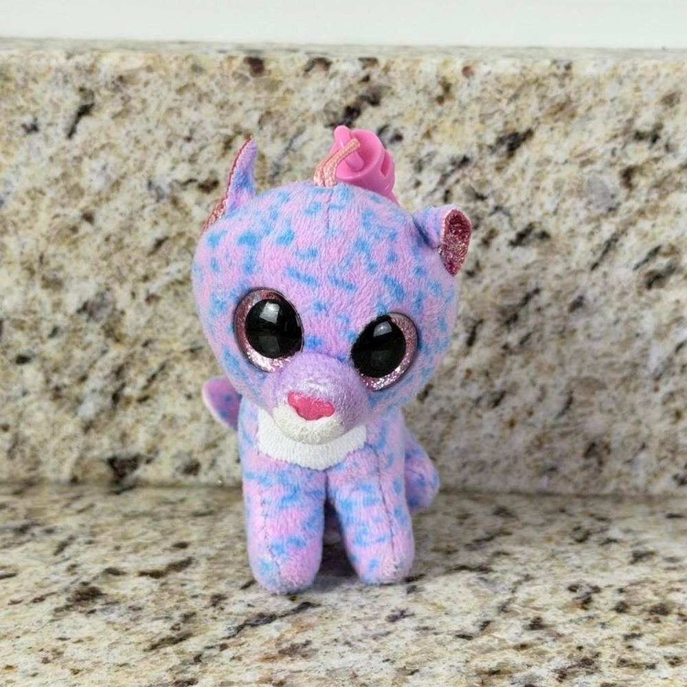 Ty Beanie Boo Purple & Blue Speckled Leopard with Pink Keychain